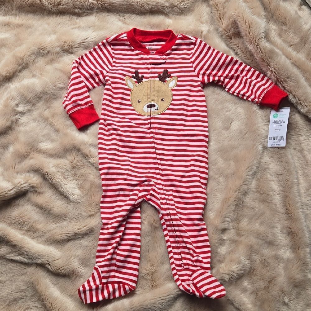Carter's Red and White Striped Reindeer Footie, Size 6 Months - NEW